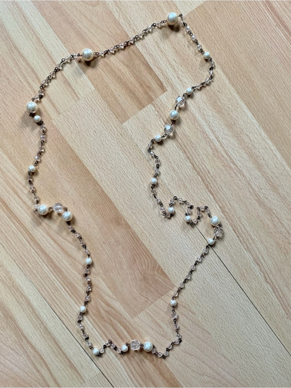 Vintage opera length Elegant Pearl and Crystal Long Necklace - pale pink